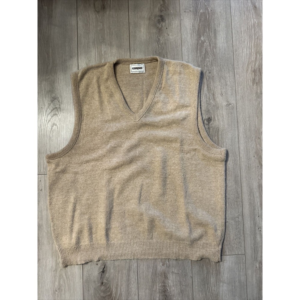 Vintage Campus Wool Sweater Vest‎ Men's 2X Tan V Neck Sleeveless USA Acrylic 90s